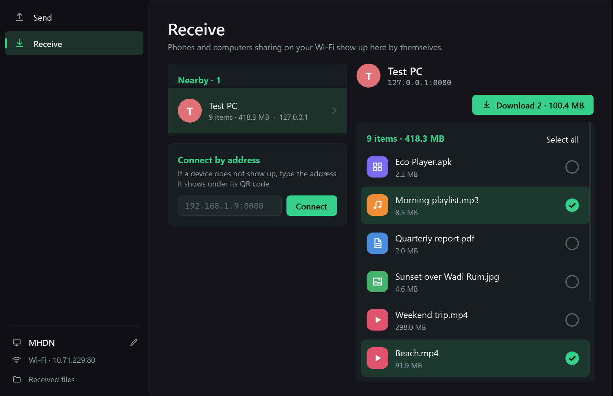 Eco Share for Windows receiving: a nearby PC on the left, its files on the right with two ticked and a Download 2 button