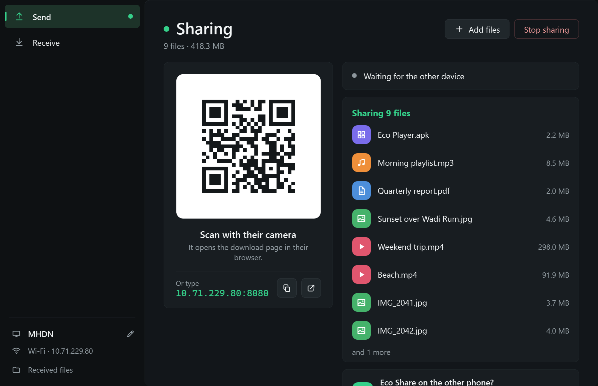 Eco Share for Windows sharing nine files: a QR code, the address to type, and the list of files