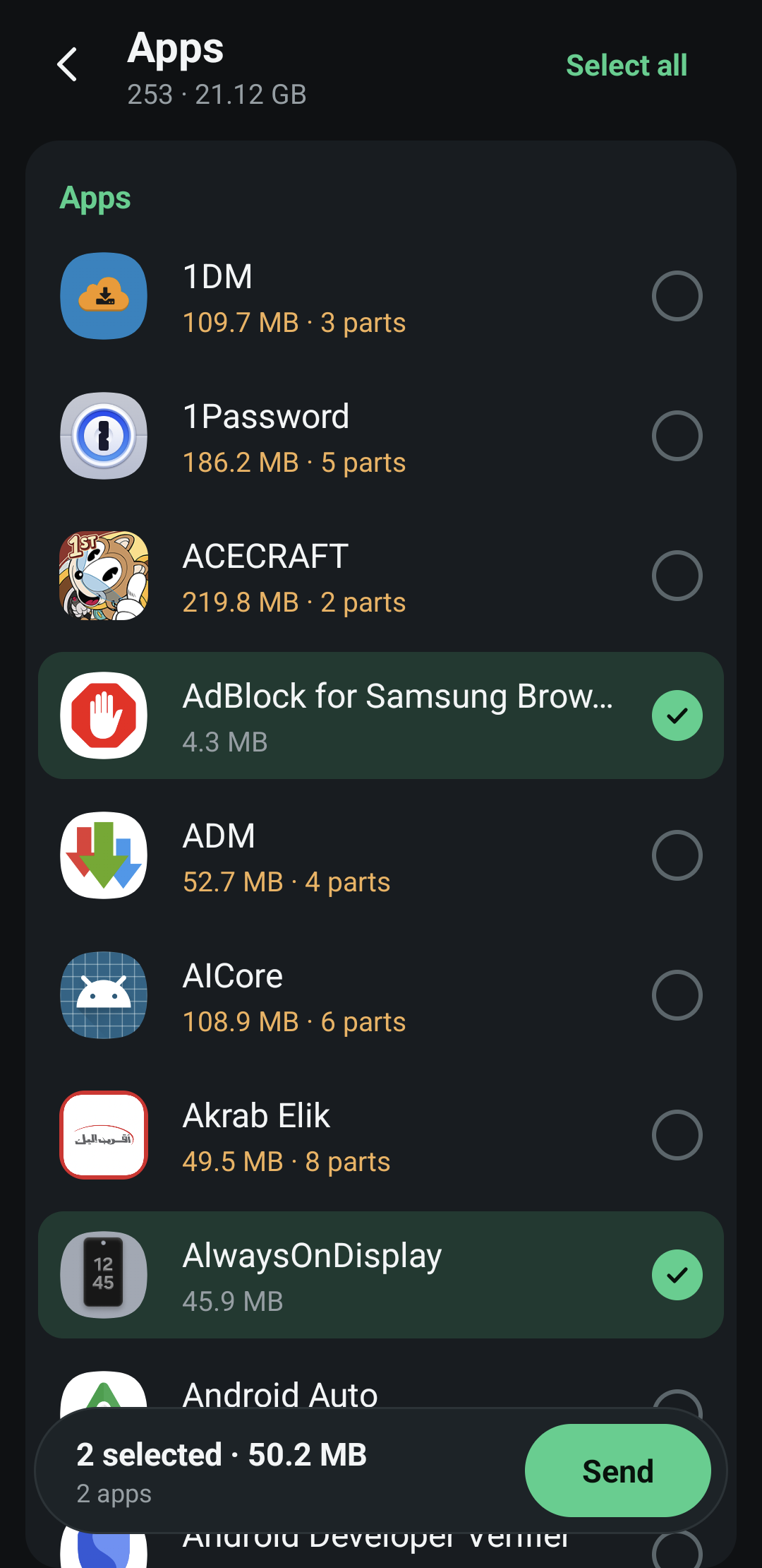 Picking apps to send: rows with app icons, sizes and round selection marks