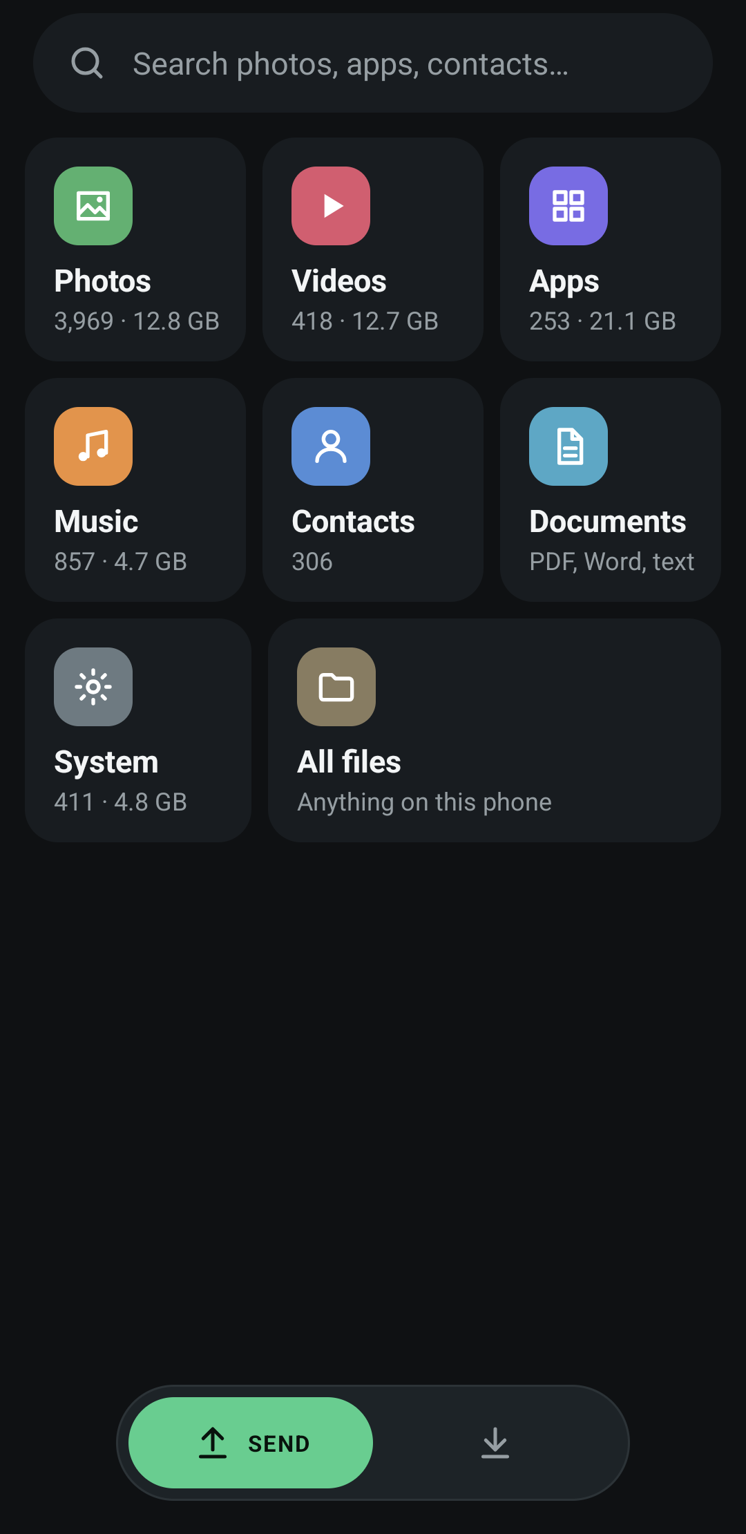 Send tab on Android: search at the top and category cards for Photos, Videos, Apps, Music, Contacts, Documents and All files