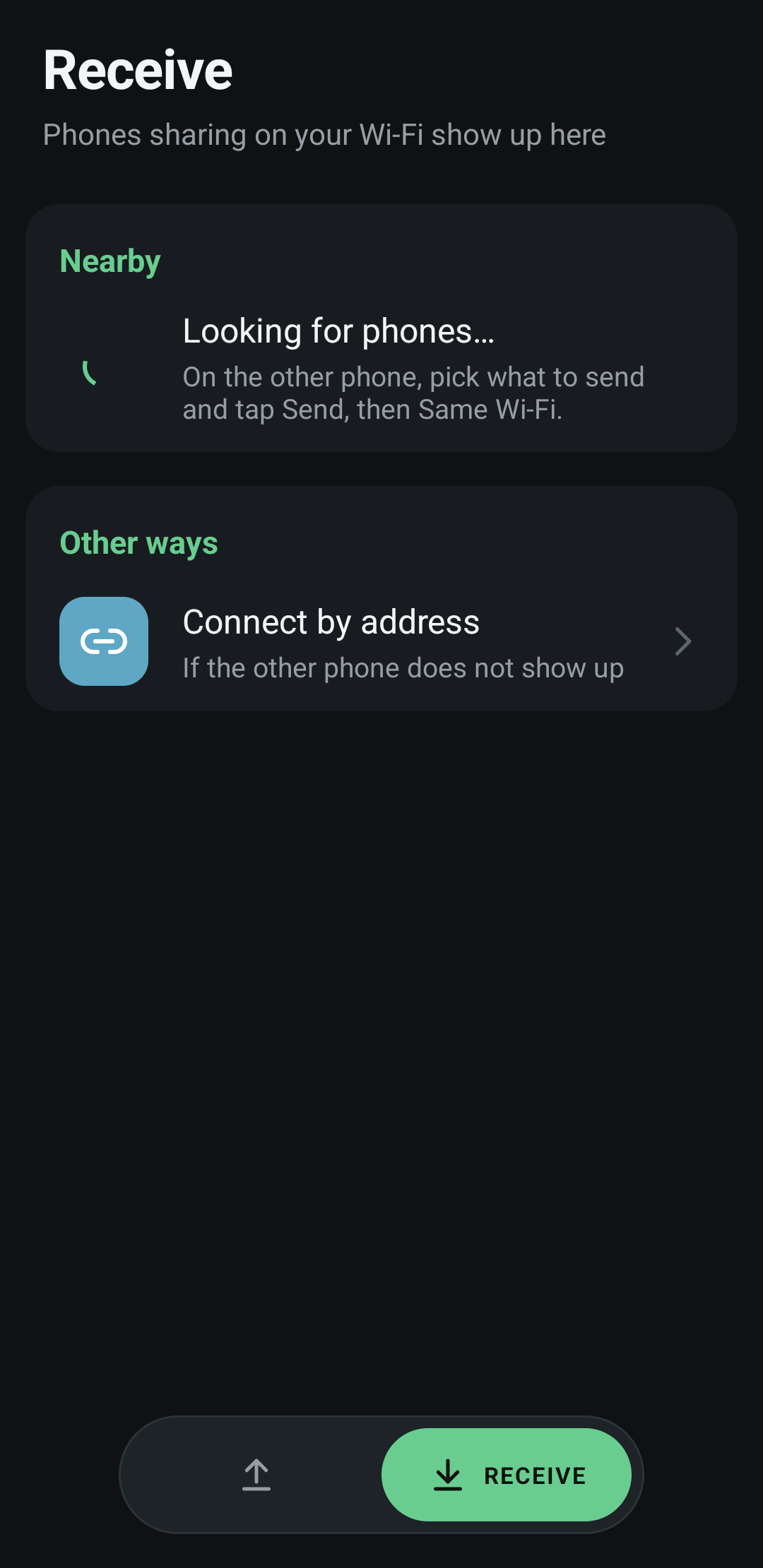 Receive tab on Android listing a nearby phone that is sharing, with its item count and size