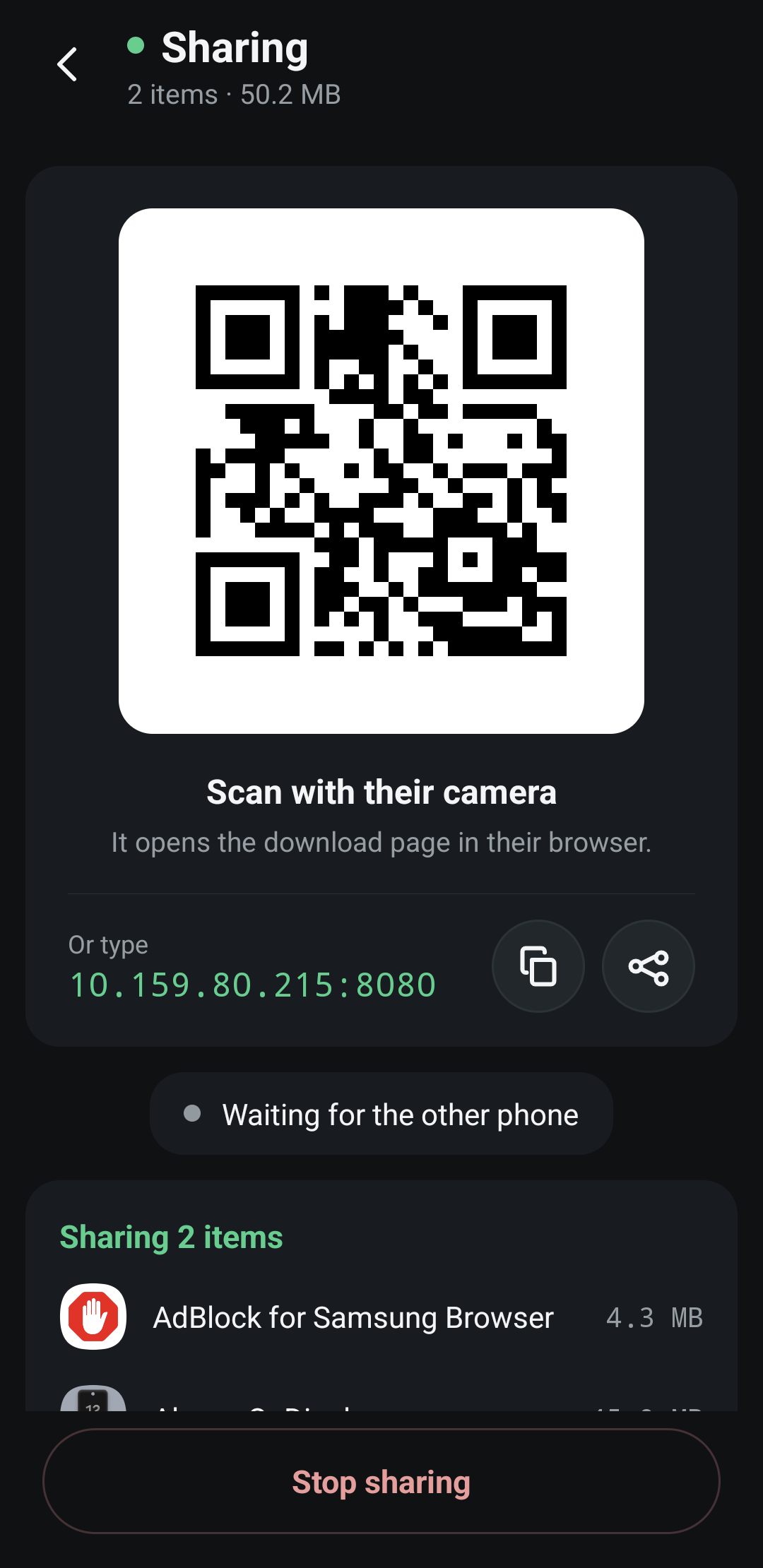 Eco Share on Android sharing two apps, with the QR code in the middle of the screen